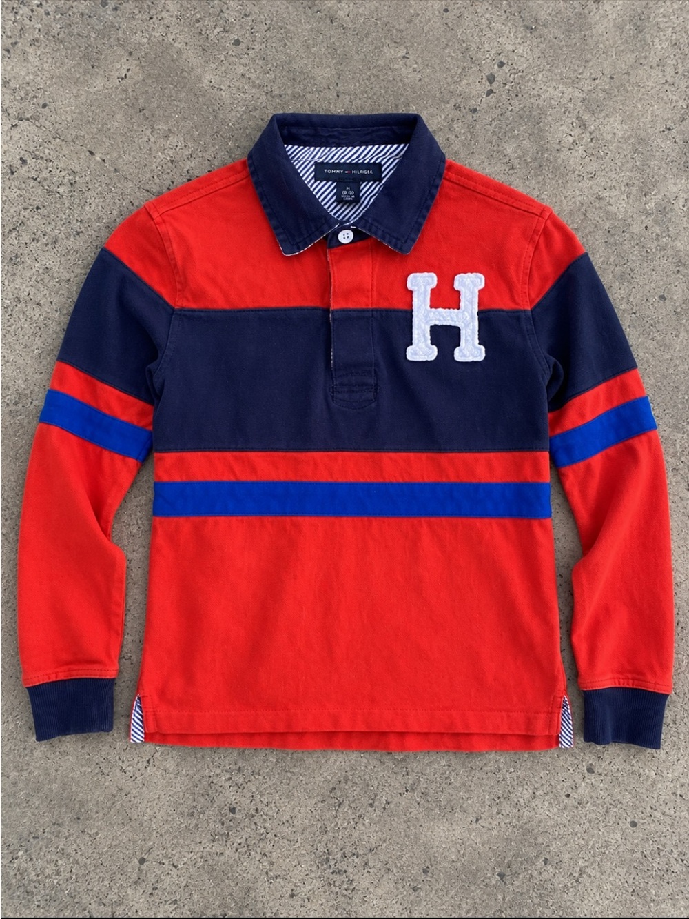 Tommy Hilfiger Boys Rugby Shirt M 8-10 Colorblock Varsity H Long Sleeve Polo